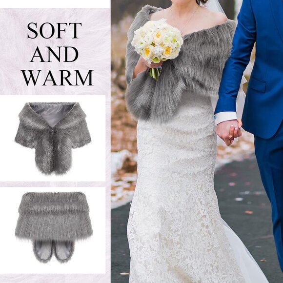 Faux Fur Shawl Wrap Stole Shrug Winter Bridal Wedding Scarf Wrap with Faux Pearl - Picture 7 of 7